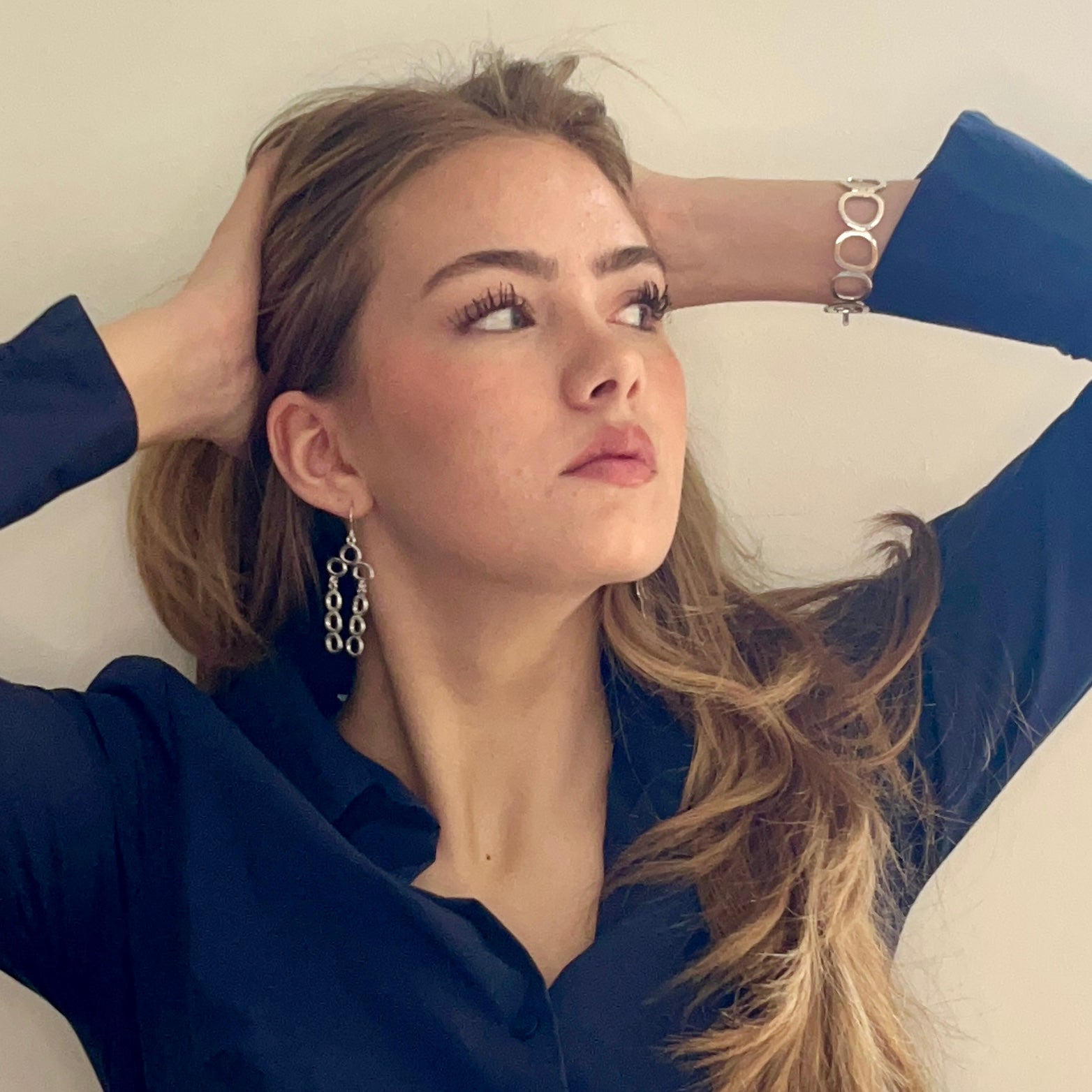 Double Mini Dangle earrings worn with silver jewellery